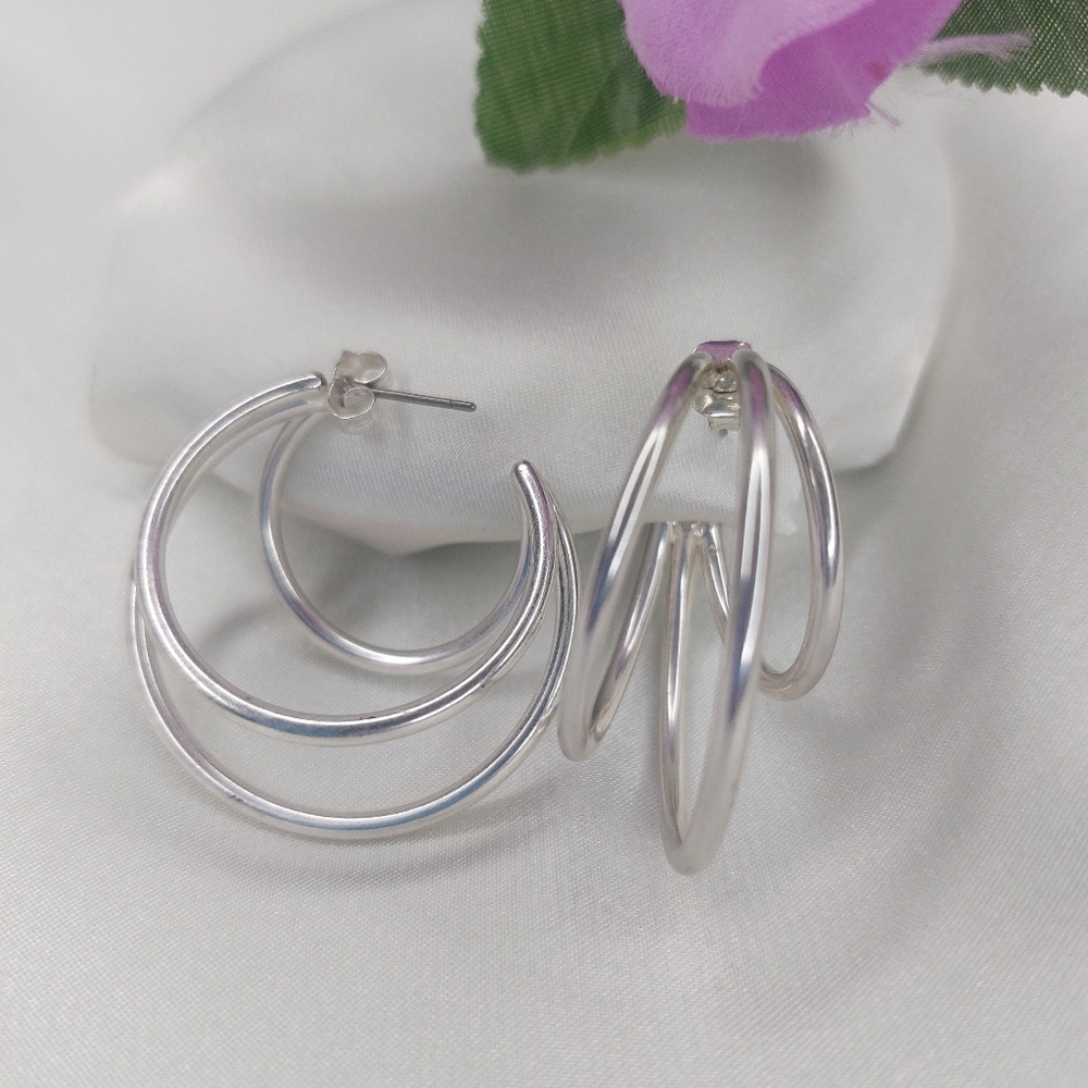 Huggie Hoop Earrings 3 Ring Silver Plated